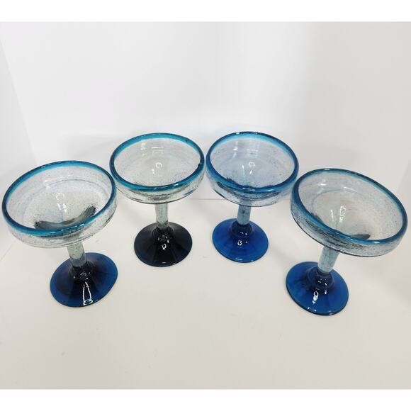 Set 4 Handblown Blue Glass Margarita Goblets Mexico Bubble Rim Vintage Barware - Picture 3 of 12